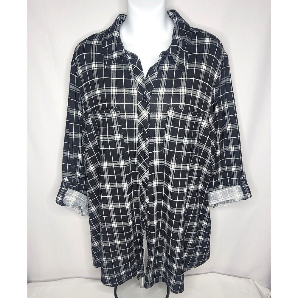 Indigo Rose Windowpane Plaid Button Down Back Button Blouse Top 2X